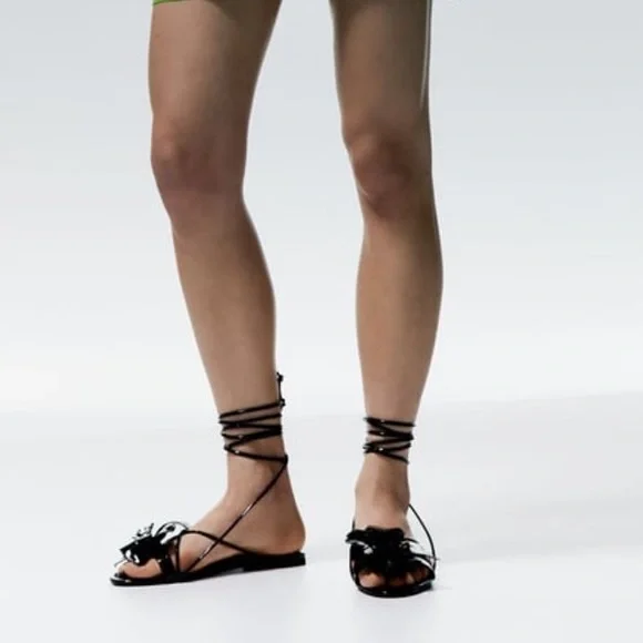 Zara maxi flower lace up patent leather flat sandals